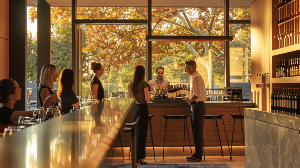 Guests enjoying wine in an elegant tasting room in Napa Valley.