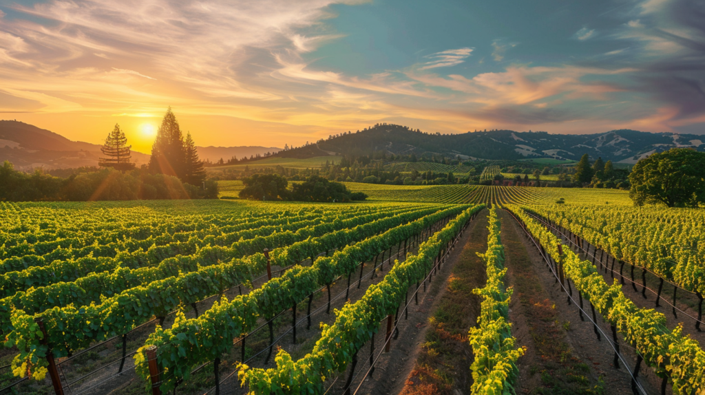 Sunset casting warm light over a vineyard in Napa Valley.