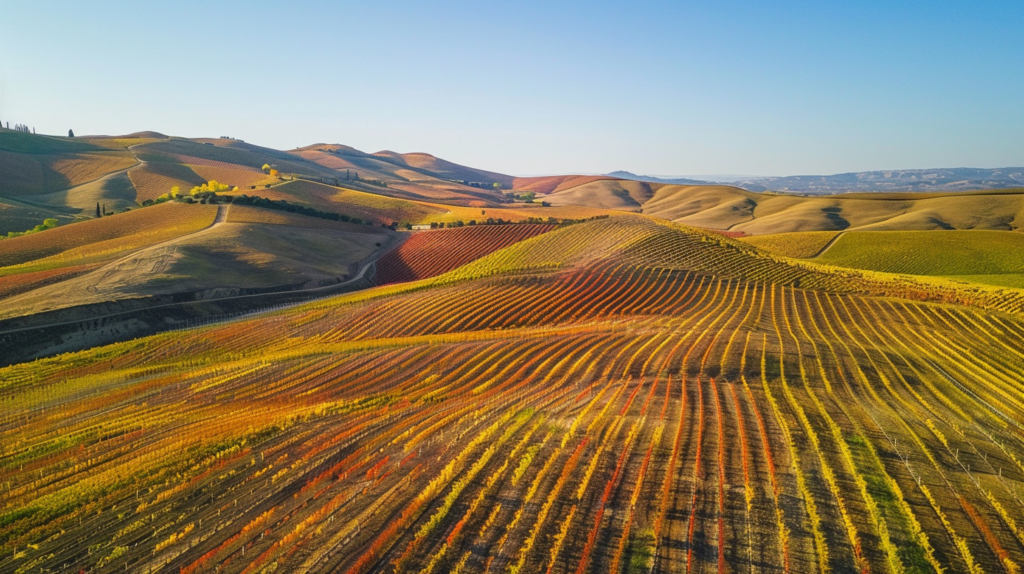 Aerial view of autumn-hued vineyards in Napa Valley during harvest.