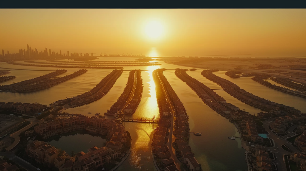 Sunset aerial view of Palm Jumeirah in Dubai.