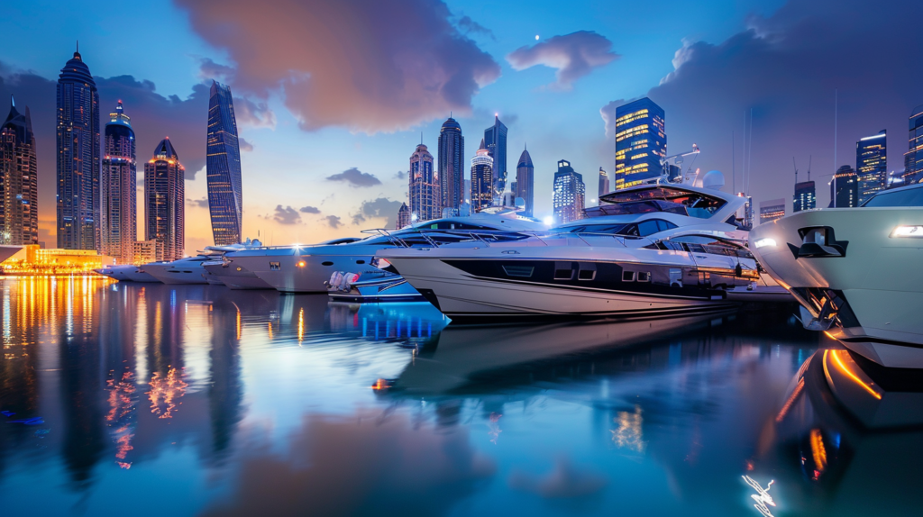Twilight view of Dubai Marina with yachts and city light reflections.