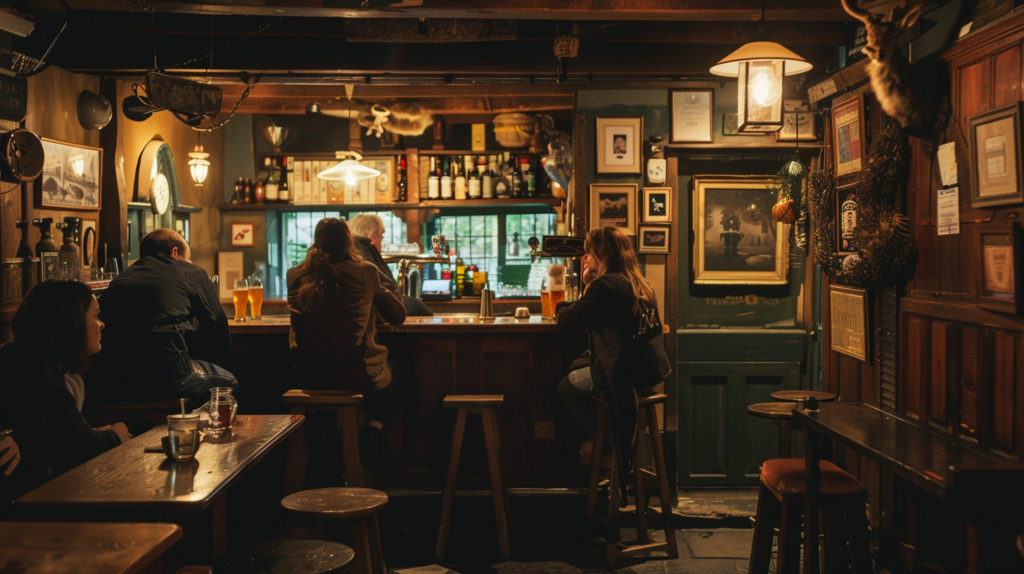 Locals in a cozy traditional pub in the Cotswolds, England.