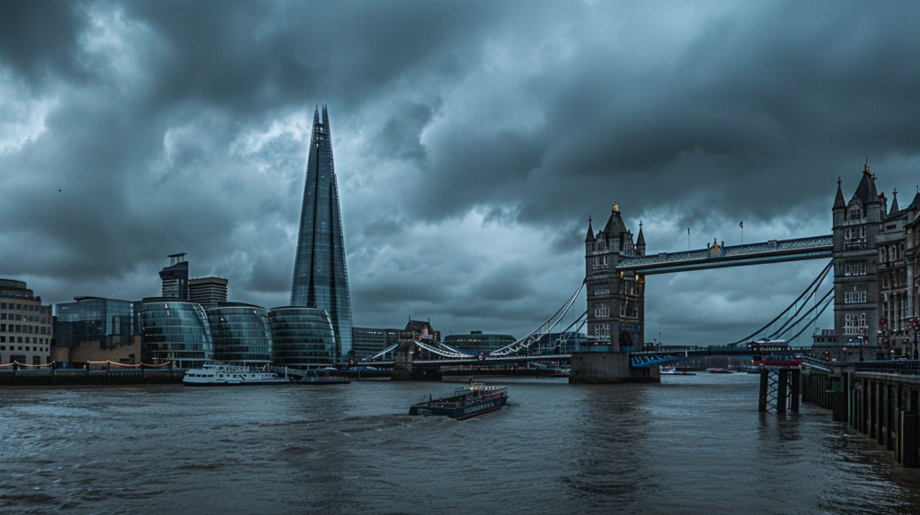 Cloudy day view of London skyline with the Tower Bridge and the Shard.