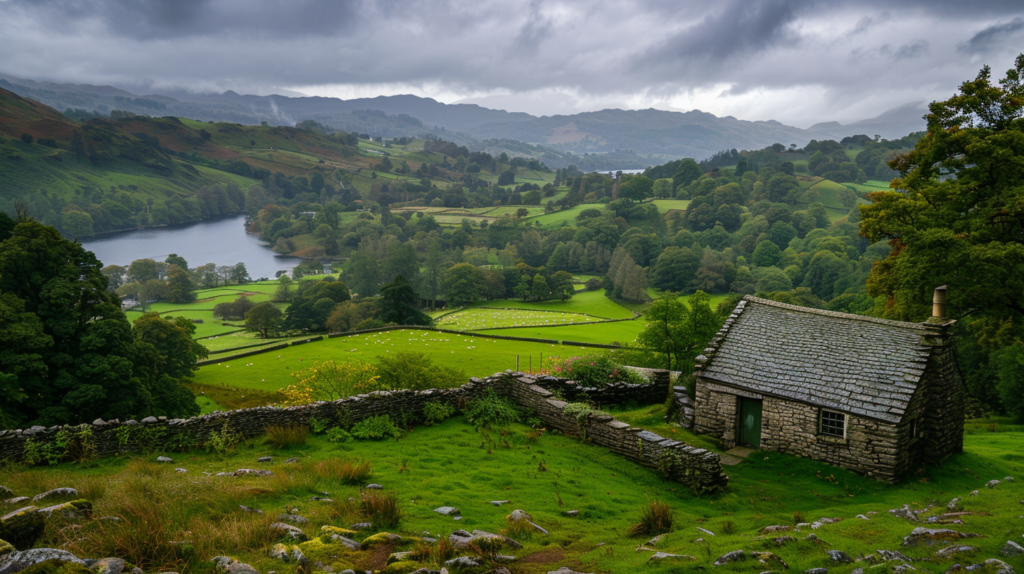Overcast view of rolling hills and a stone cottage in the Lake District.