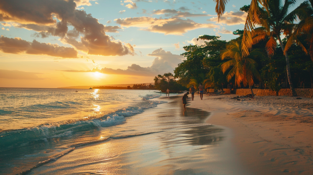Sunset at a beach in Negril, Jamaica with tourists and palm trees.