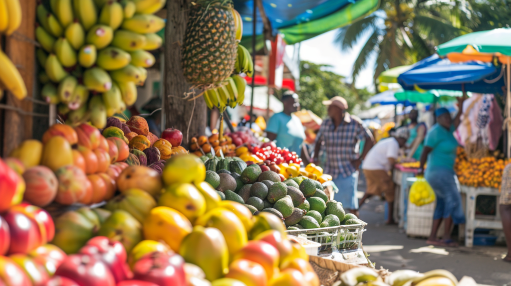 Colorful street market in Kingston, Jamaica with fruits and crafts.
