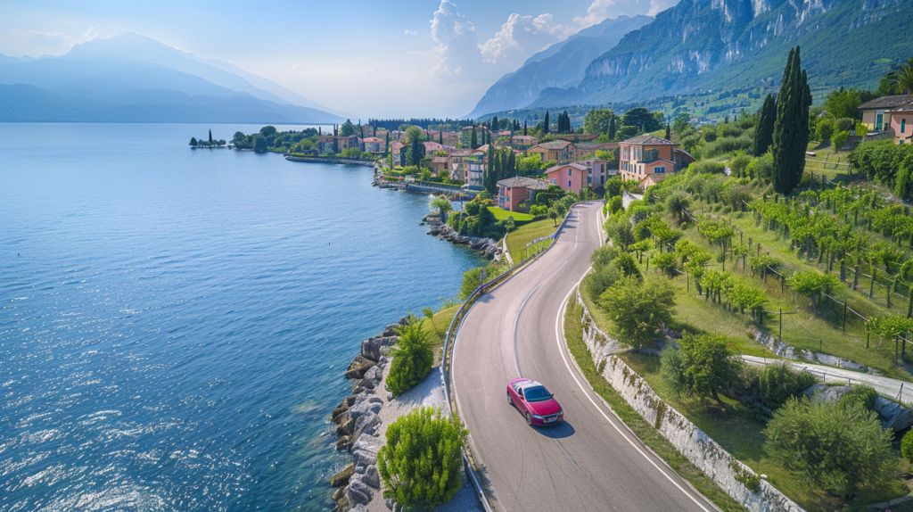 A scenic drive along the shore of Lake Garda, Italy, with a convertible car on a winding road, picturesque villages in the background.