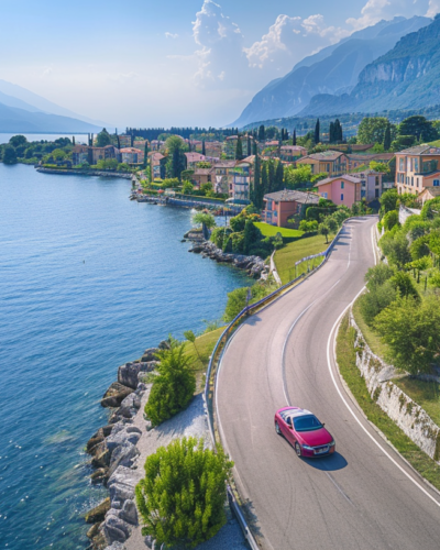 A scenic drive along the shore of Lake Garda, Italy, with a convertible car on a winding road, picturesque villages in the background.