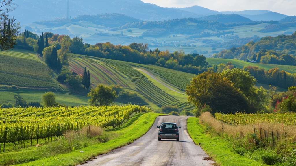 Drive through the Franciacorta wine region near Milan, Italy, with vineyards and rolling hills, a car navigating the scenic route.