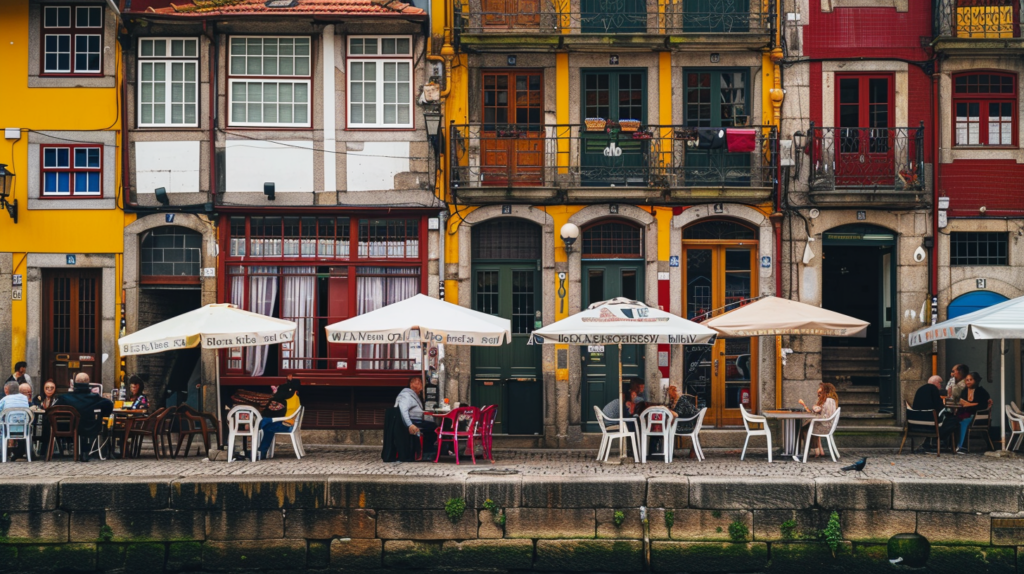 Ribeira district in Porto, Portugal, with colorful buildings along the Douro River, people dining at outdoor cafes.