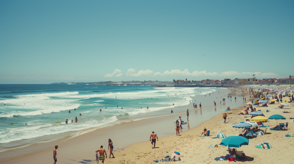 People enjoying a sunny day at Matosinhos Beach in Porto, Portugal, with umbrellas, surfers, and families playing.
