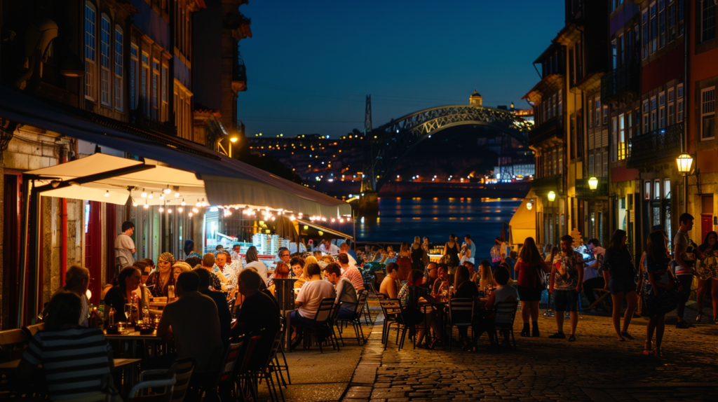A lively night scene in Porto, Portugal, with people dining at outdoor restaurants in the Ribeira district, and the Dom Luís I Bridge lit up in the background.