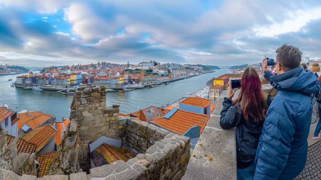 Panoramic view from Clérigos Tower in Porto, Portugal, with the city's red rooftops and the Douro River, people taking photos from the top.