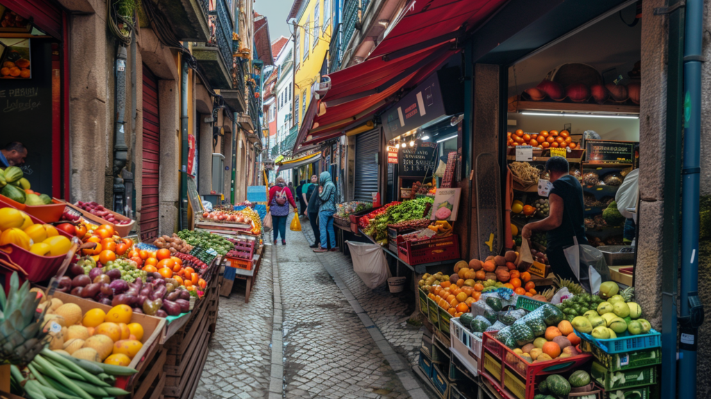 The vibrant Bolhão Market in Porto, Portugal, with colorful stalls, fresh produce, and locals shopping.