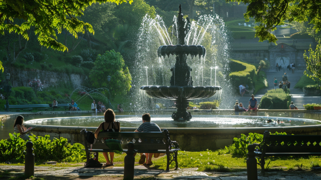 A relaxing scene in the Palácio de Cristal Gardens in Porto, Portugal, with children playing and people reading on benches by the fountain.