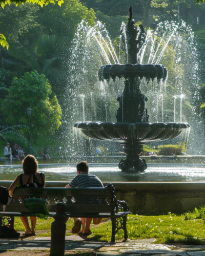 A relaxing scene in the Palácio de Cristal Gardens in Porto, Portugal, with children playing and people reading on benches by the fountain.