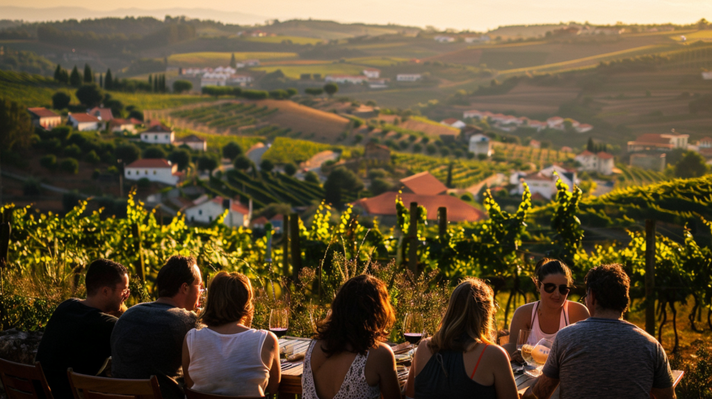 People enjoying wine tastings at a vineyard in Vila Nova de Gaia, Portugal, with rows of grapevines and a beautiful landscape.