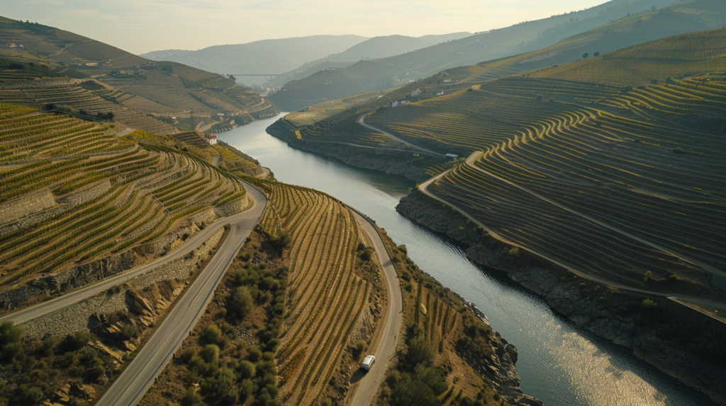 A scenic drive through the Douro Valley near Porto with vineyards on terraced hills and a river flowing below.
