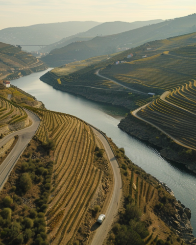A scenic drive through the Douro Valley near Porto with vineyards on terraced hills and a river flowing below.