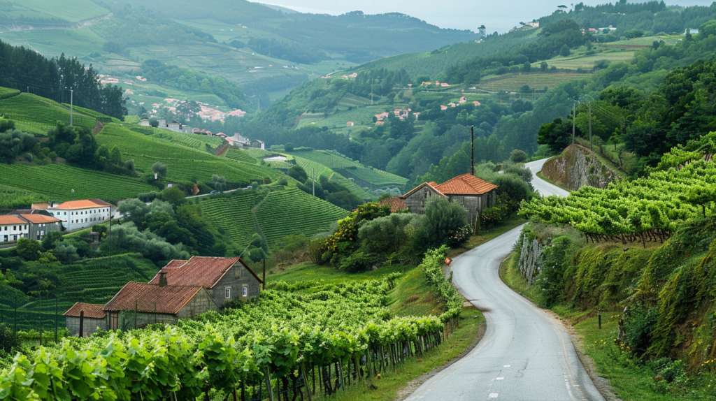 A scenic drive from Porto to Braga, Portugal, with a car navigating the lush green hills and historic landmarks along the route.