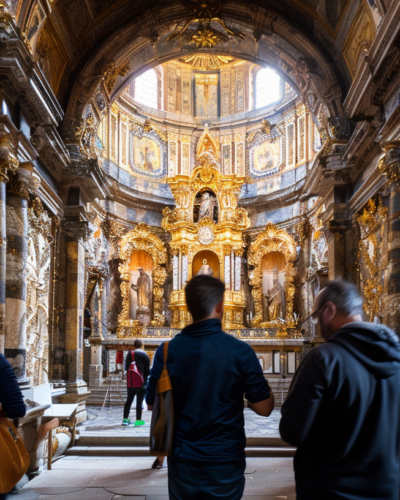 São Francisco Church in Porto, Portugal, with its ornate interior, visitors admiring the gold-covered woodwork.