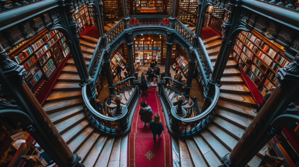 Livraria Lello bookstore in Porto, Portugal, with its stunning staircase and visitors exploring the beautiful interior.