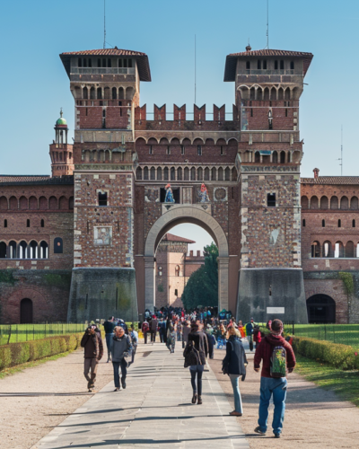 Sforza Castle in Milan with tourists exploring the grounds and taking pictures.
