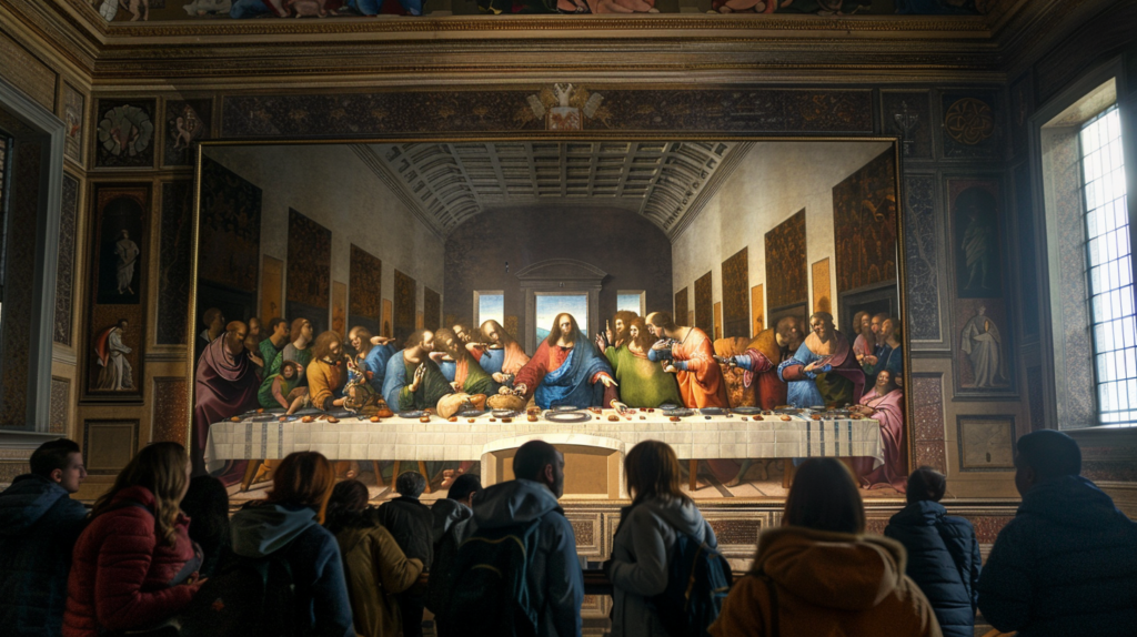 Leonardo da Vinci's The Last Supper mural in Milan, Italy, with visitors viewing the artwork at the Convent of Santa Maria delle Grazie.