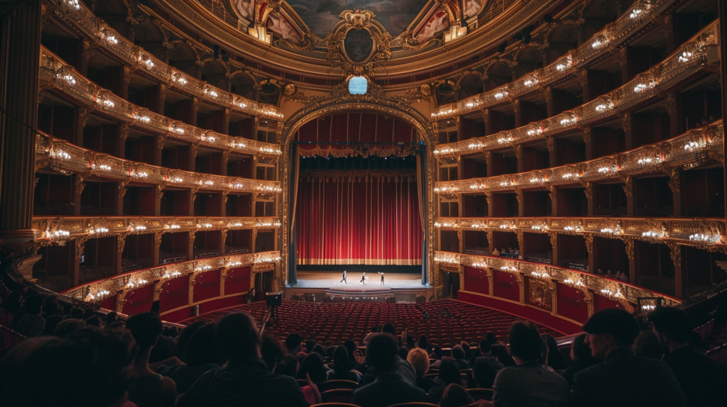 The La Scala Opera House in Milan, Italy, with people touring the theater and admiring its grandeur.