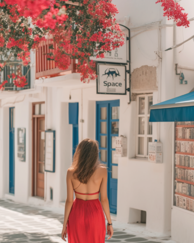 Woman exploring one of the most Instagrammable spots in Mykonos, Greece