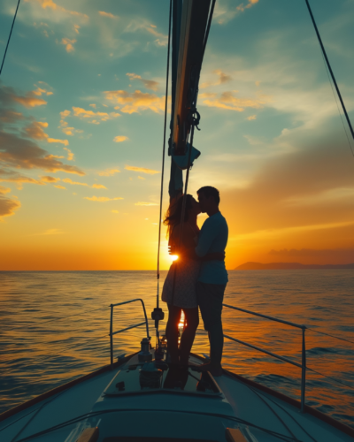 Couple on a yacht at sunset.