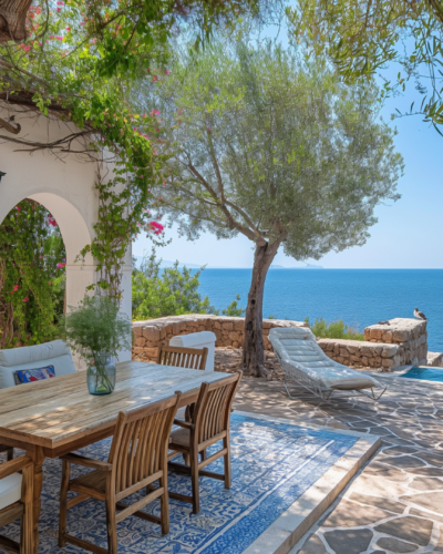 Outdoor dining area of a villa in Rhodes.