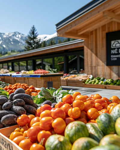 Food stalls along the street selling fresh produce in Courchevel
