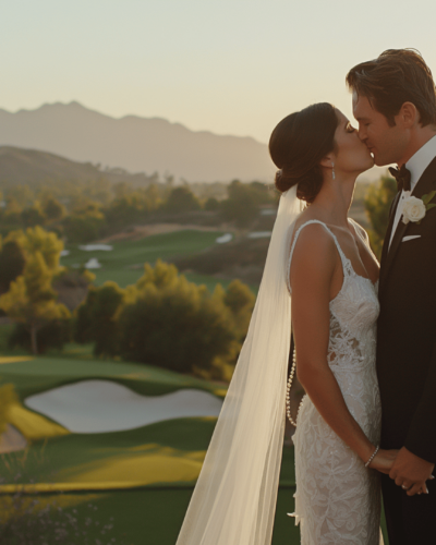 Bride and groom kissing at a golf course wedding venue in Palmetto Dunes