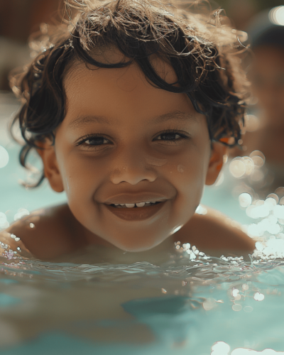 A young boy smiling in a pool at a family-friendly resort rental in Palmetto Dunes