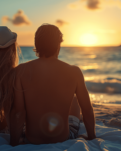 A couple watches sunset on beach in Palmetto Dunes, a romantic summer activity