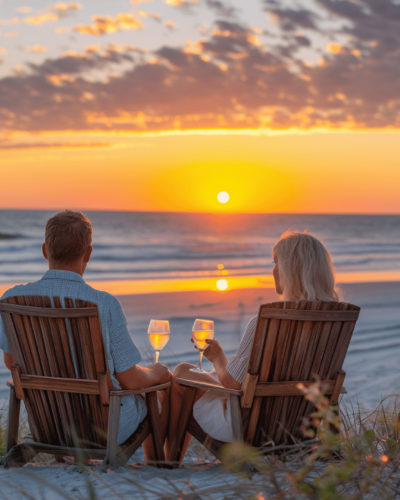 A couple enjoying a sunset beach view in the offseason at Palmetto Dunes