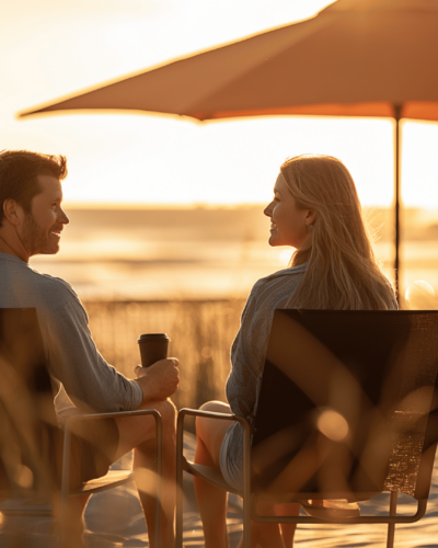 Couple enjoying coffee at sunrise in a beachfront vacation rental in Palmetto Dunes