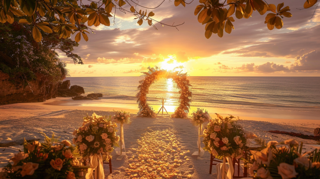 A beautifully decorated beach wedding setup with a floral arch and the ocean in the background during sunset in Dunmore Town.