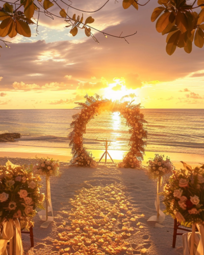 A beautifully decorated beach wedding setup with a floral arch and the ocean in the background during sunset in Dunmore Town.