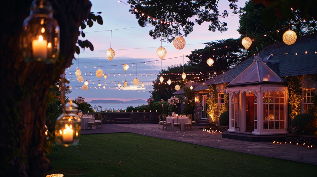 An intimate garden wedding venue at dusk, beautifully lit with string lights and elegant decorations in Dunmore Town.