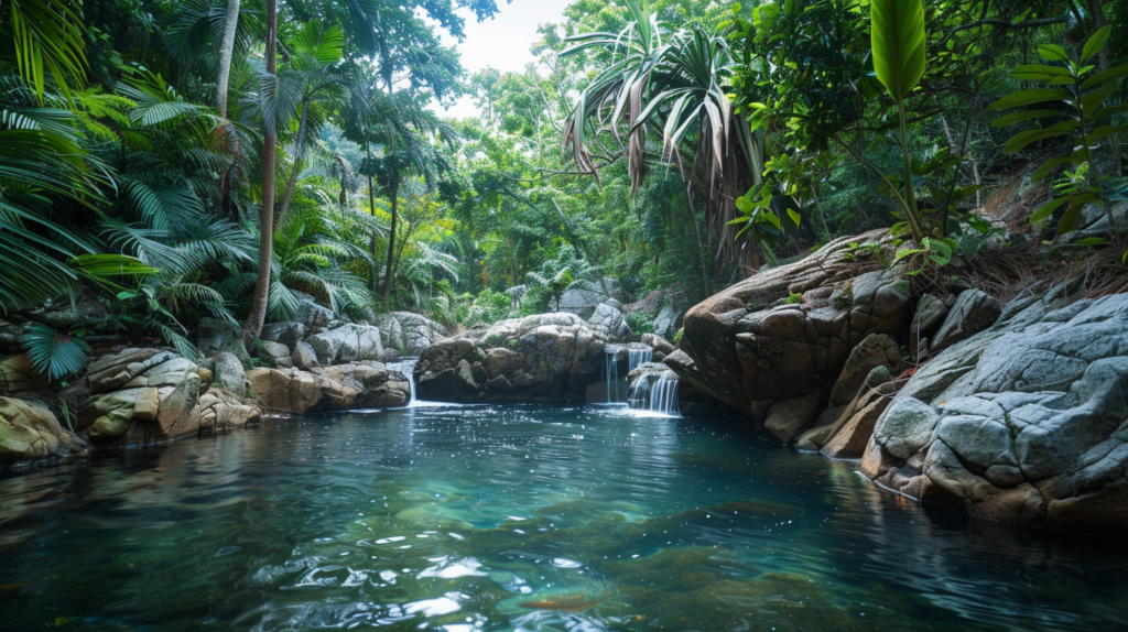 A serene swimming hole surrounded by natural rock formations and lush greenery in Dunmore Town.