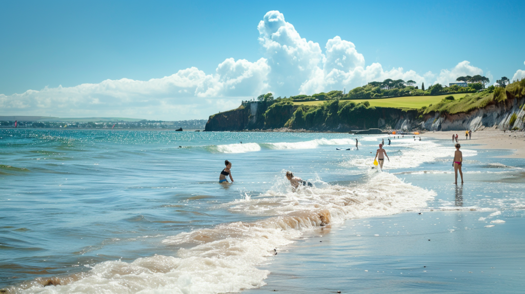 Families enjoy a safe and fun day swimming at a public beach with gentle waves in Dunmore Town.