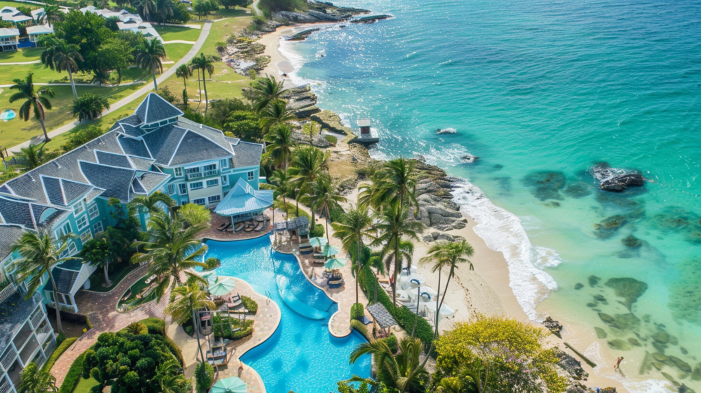 An aerial view of a family-friendly luxury resort in Dunmore Town, highlighting beach access and child-friendly amenities.