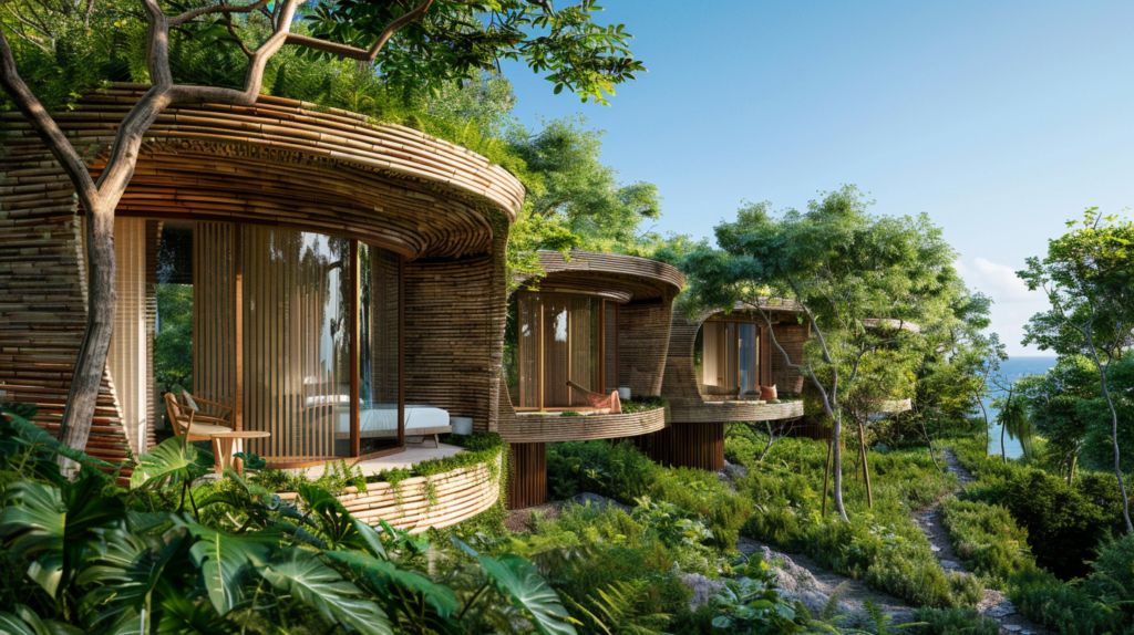 An innovative eco-resort in Dunmore Town, showcasing sustainable design with natural materials and green technologies.