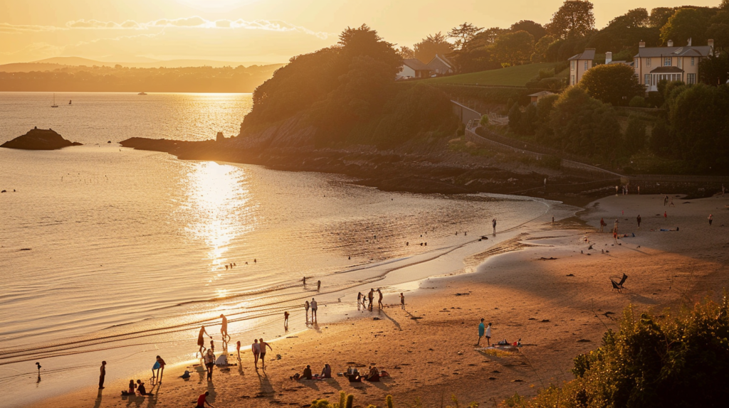 Families and children enjoying a sunset picnic on a sandy beach in Dunmore Town.