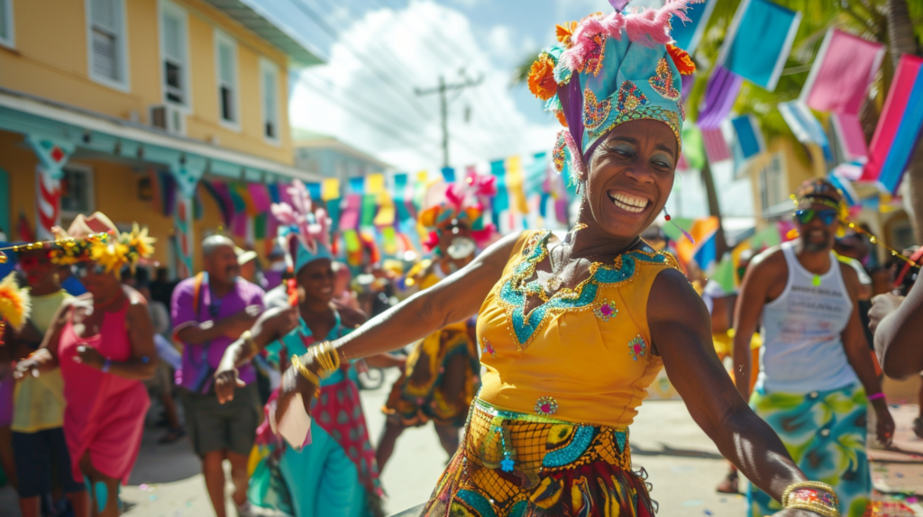 A vibrant street festival with locals dancing in colorful costumes in Dunmore Town.