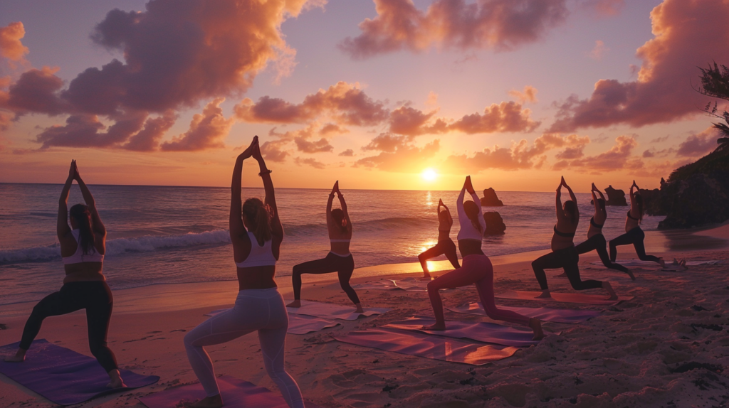 A group practicing yoga on the beach at sunrise with a calm ocean backdrop in Dunmore Town.