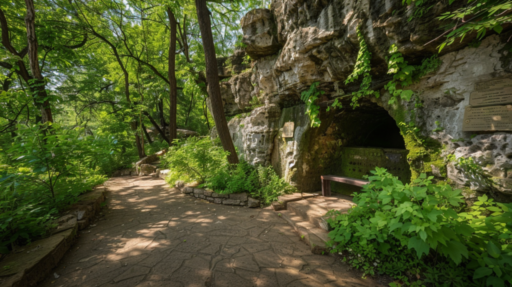 The entrance to the historic Preacher's Cave surrounded by lush greenery on a sunny day.