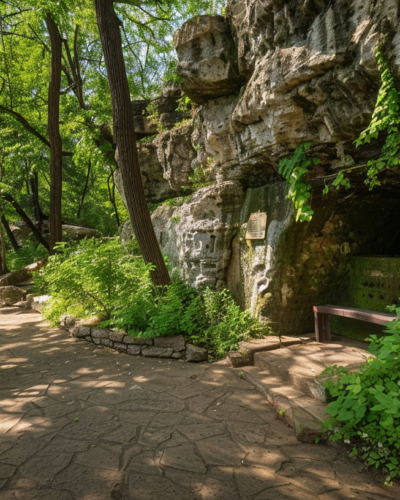 The entrance to the historic Preacher's Cave surrounded by lush greenery on a sunny day.